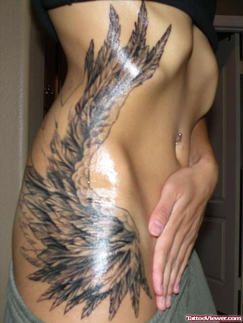 Amazing Grey Ink Angel Tattoo On Girl Side Rib