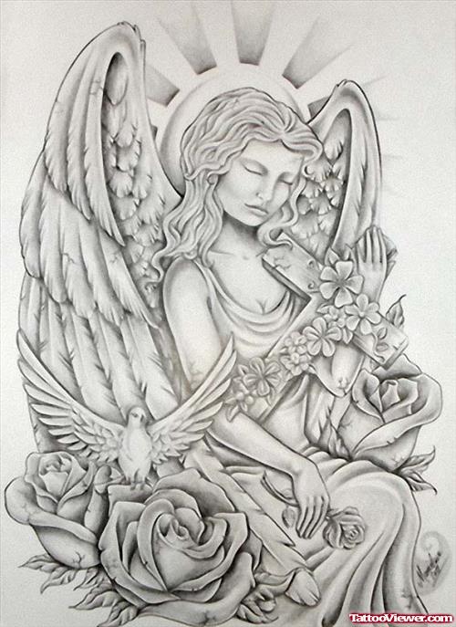 Rose Flower Dove and Sitting Angel With Cross Tattoo Design