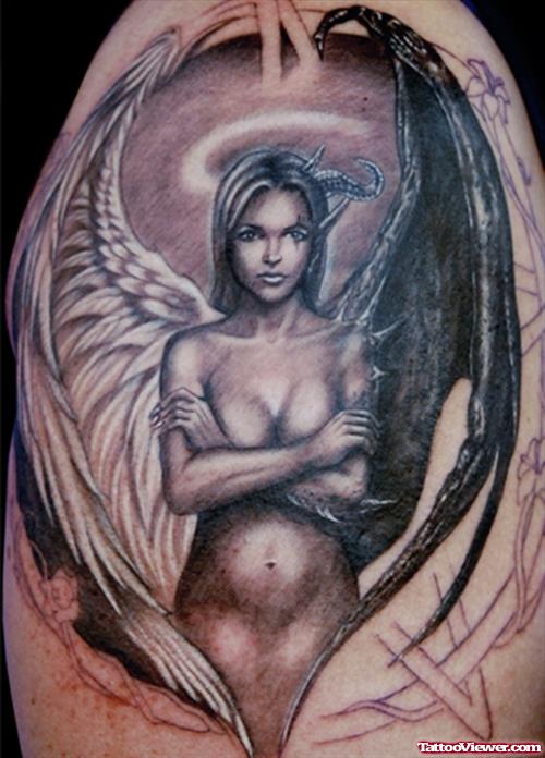 Girl With Angel Wings and Devil Wing Tattoo On Shoulder