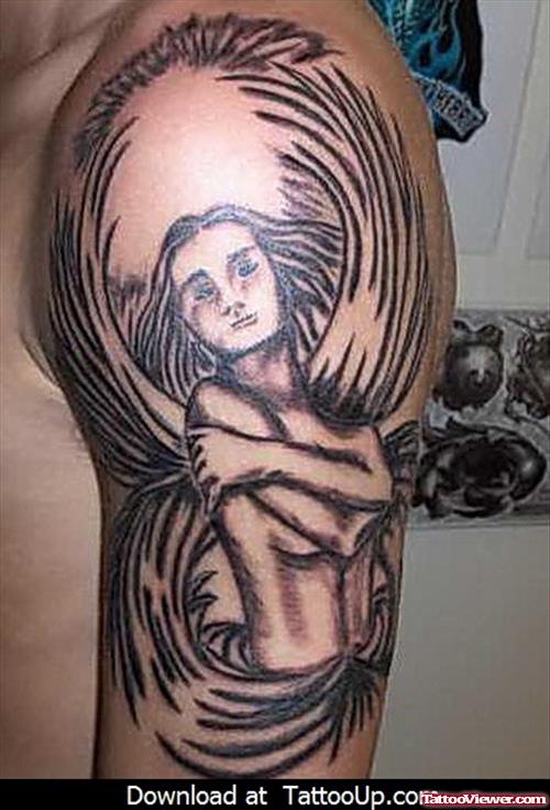 Angel Grey Ink Tattoo On Left Half Sleeve