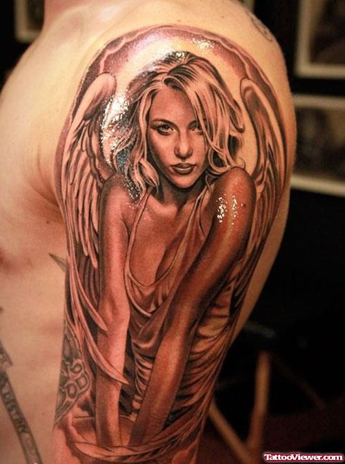 Left Half Sleeve Shy Angel Girl Tattoo