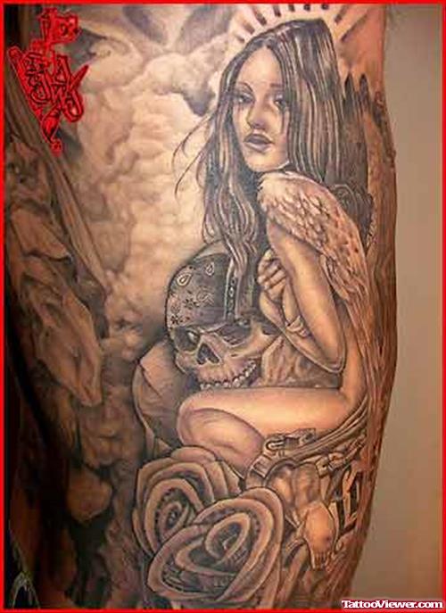 Angel Girl With Skull Grey Ink Tattoo