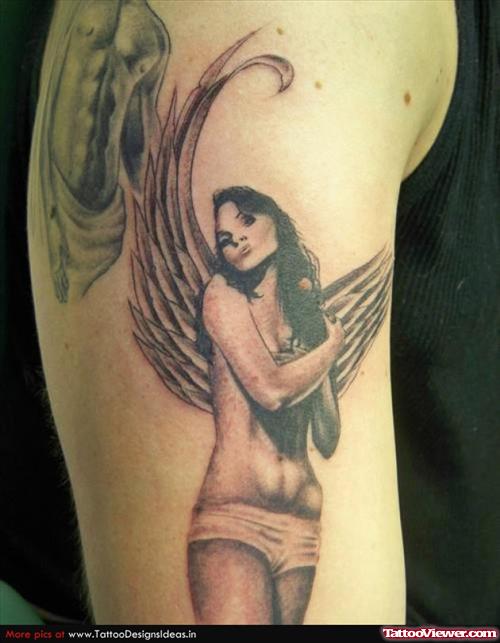 Shy Angel Tattoo On Half Sleeve