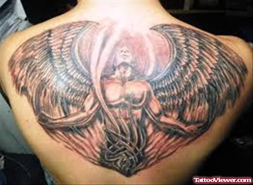 Open Wings Angel Tattoo On Upperback