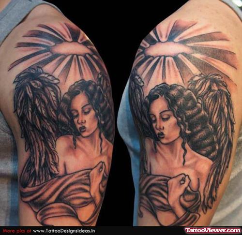 Grey Ink Angel Girl Tattoo On Half Sleeve