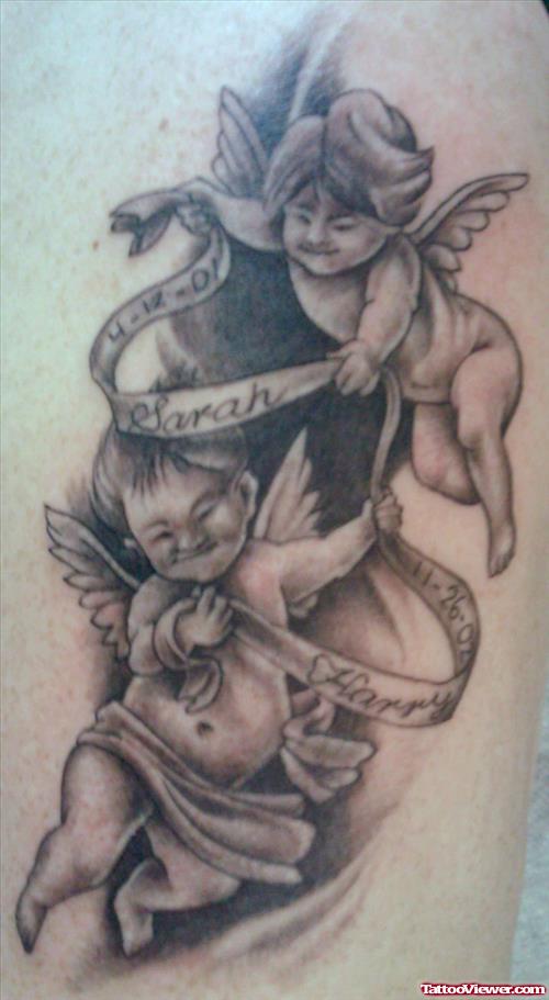 Cherub Angels With Banners Grey Ink Tattoo