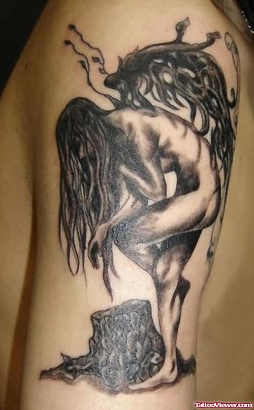 Amazing Grey Ink Angel Girl Tattoo On Half Sleeve