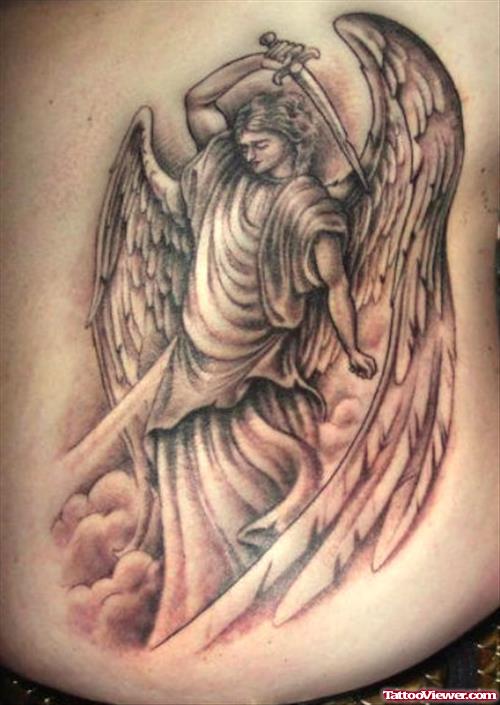 Grey Ink Angel Tattoo On Back