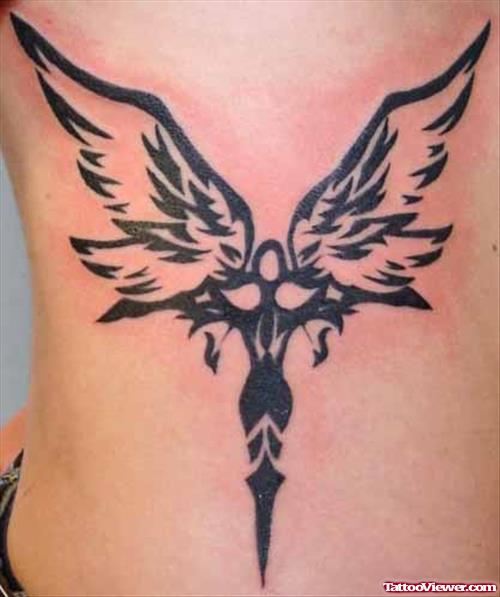 Black Ink Angel Tattoo On Back