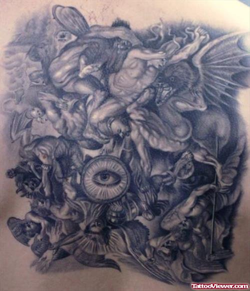 Awesome Grey Ink Angels And Demons Fight Tattoo