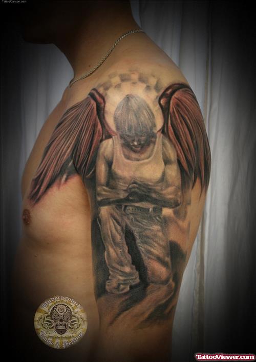 Angel Tattoo On Man Left Shoulder