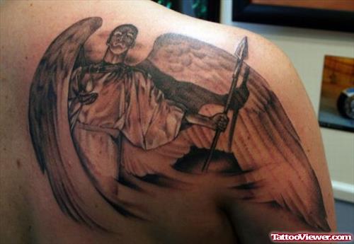 Angel With Arrow In Hand Tattoo On Back Shoulder