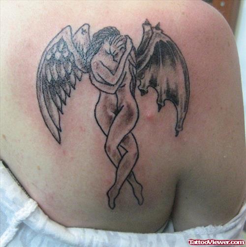 Angel And Devil Love Grey Ink Tattoo On Back Shoulder
