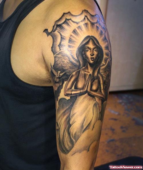 Praying Angel Tattoo On Man Left Shoulder
