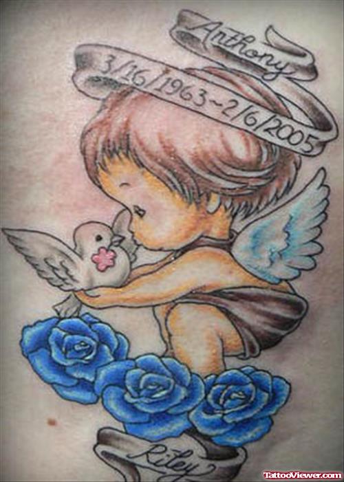 Blue Rose Flowers And Baby Angel With Bird Color Ink Tattoo