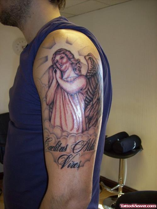 Angel Tattoo On Guy Left Half Sleeve