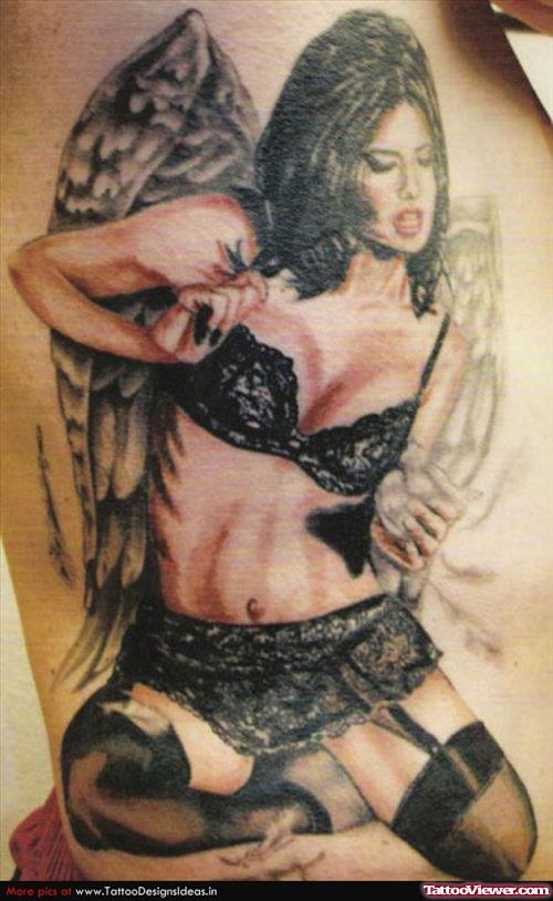 Pinup Angel Girl Side Rib Tattoo