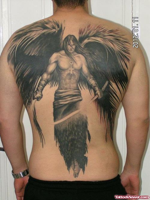 Black Ink Angel Tattoo On Man Back Body