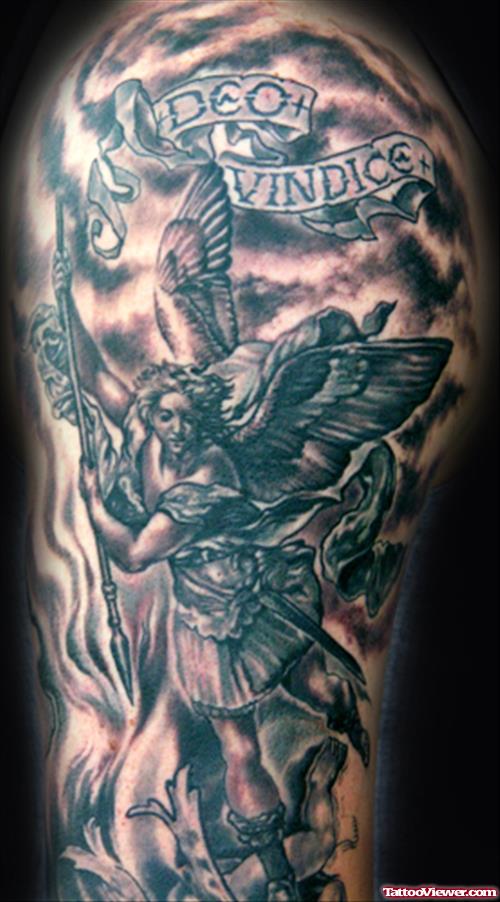 Attractive Archangel Grey Ink Tattoo On Half Sleeve