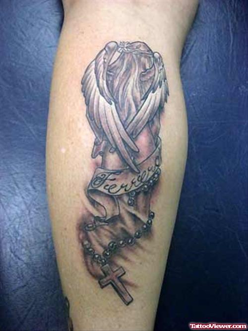 Angel With Rosary Tattoo On Back Leg