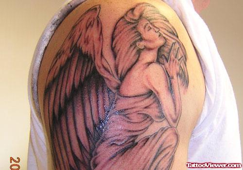 Angel Girl Tattoo On Man Right Shoulder