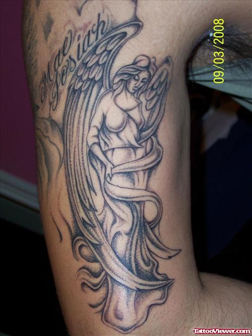 Amazing Grey Ink Angel Tattoo On Bicep