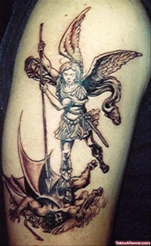 Amazing Archangel Grey Ink Tattoo On Half Sleeve