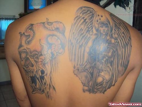 Rotten Skull And Angel Tattoo On Back Shoulders