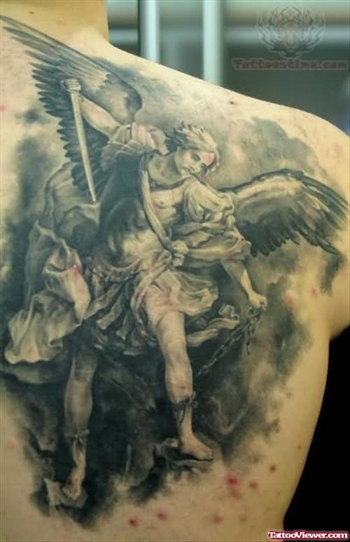 Grey ink Angel Tattoo On Back Shoulder