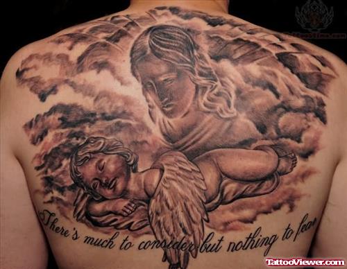 Baby Angel Sleeping And Mother Tattoo On Back