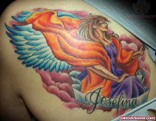 Joselina Angel Tattoo On Back Shoulder