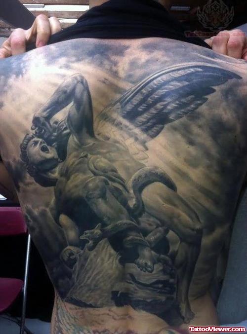 Grey Ink Angel And Snake Tattoo On Back