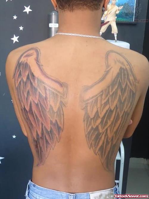 Angel Wings Grey Ink Tattoos On Back