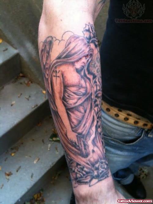 Grey Ink Angel Tattoo On Arm