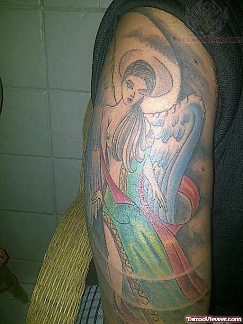 Color Dress Angel Tattoo On Half Sleeve