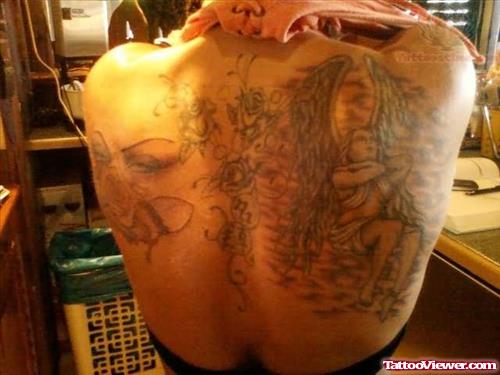 Sitting Angel Girl Tattoo On Back