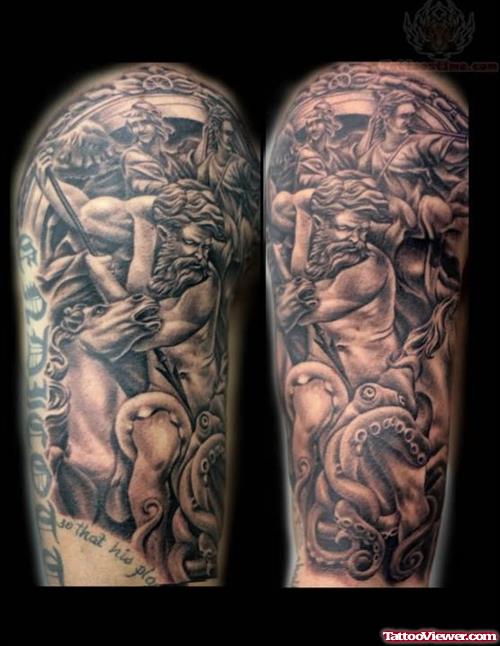 Grey Ink Angel Tattoos On Half Sleeve