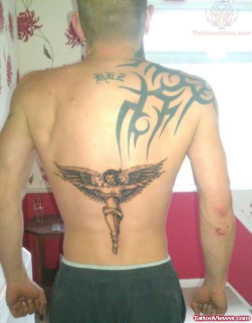 Angel and Tribal Tattoo On Back