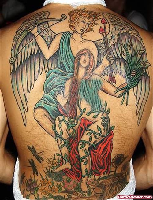 Angel Colourful Tattoo Design On Back