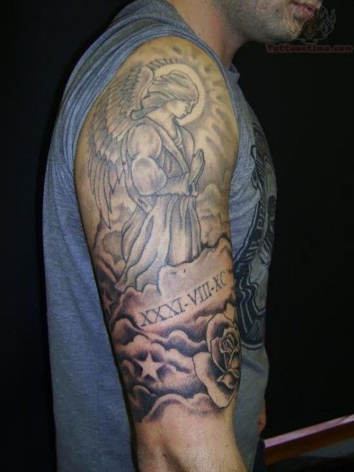 Grey Ink Praying Angel Tattoo On Half Sleeve