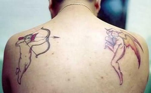 Angel & Devil Fighting Tattoo On Back