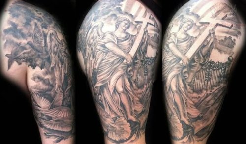 Angel With Cross Tattoo On Shoulder