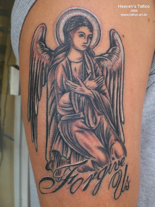 Amazing Grey Ink Angel Tattoo On Right Bicep