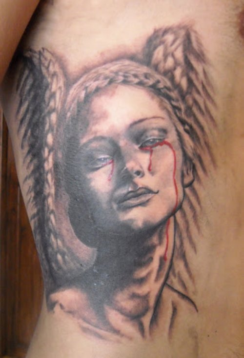 Weeping Angel Girl Grey Ink Tattoo On Right Arm