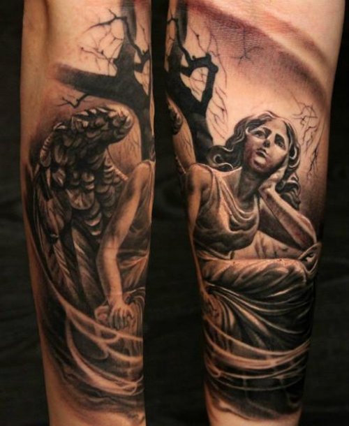 Grey Ink Angel Sleeve Tattoo