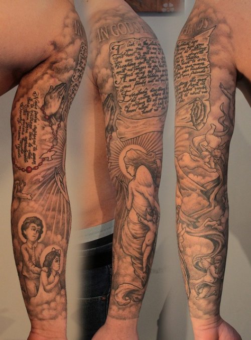 Grey Ink Angel Tattoos On Sleeve