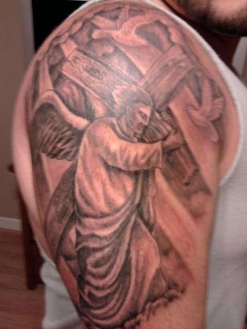 Guardian Angel With Cross Tattoo On Right Shoulder