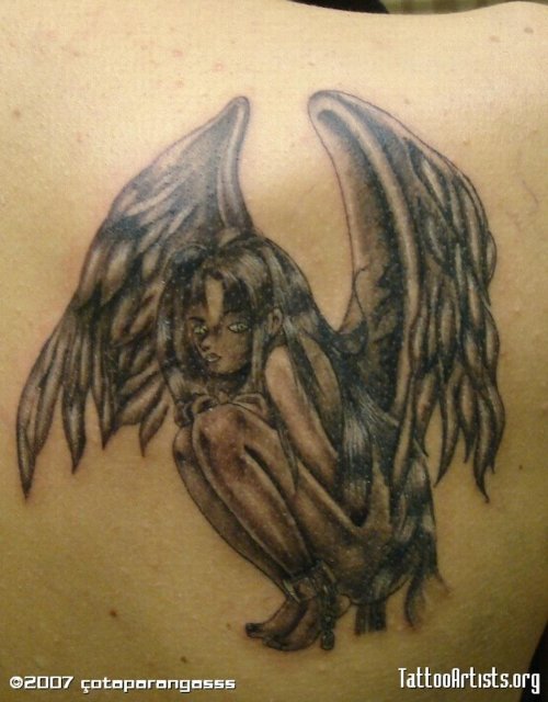 Grey Ink Angel Girl Tattoo On Right Back Shoulder