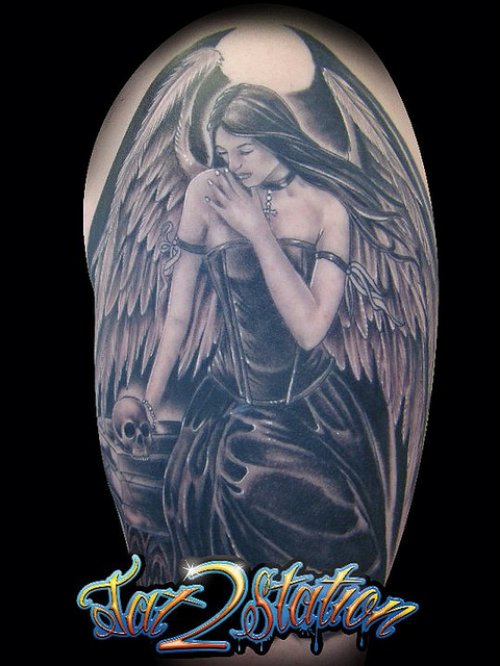 Black Ink Angel Tattoo On Shoulder