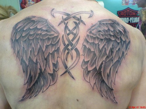 Angel Wings Grey Ink Tattoo On Back